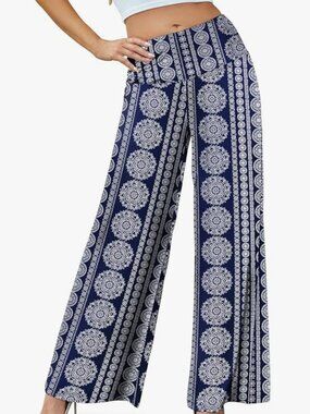 Arolina Wide Leg Flowy Palazzo Pants in Chakra Blue Print